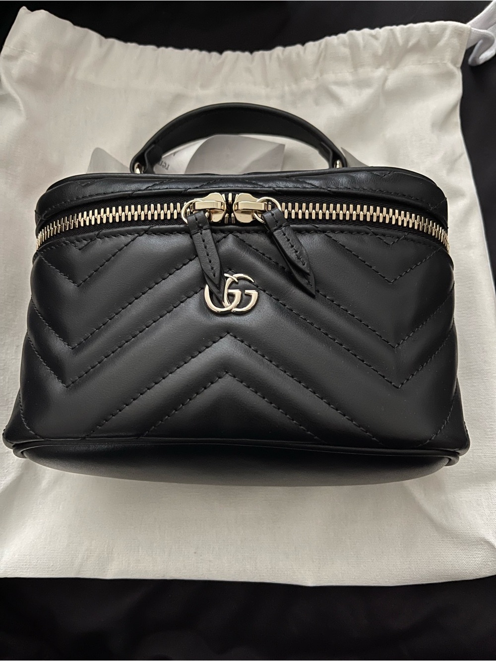 Gucci Black Chevron Quilted Leather Mini Vanity Bag with Gold Hardware